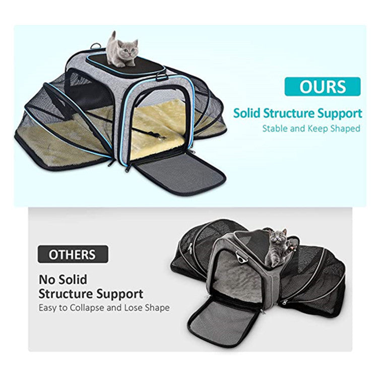 Airline-approved expandable cat carrier with mesh windows and reflective tape
