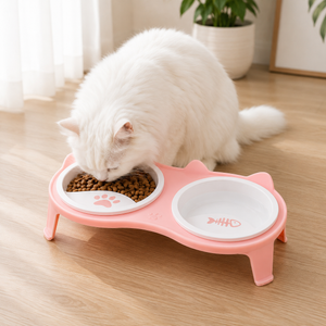 Ceramic elevated cat bowl set with tilted stand for food and water