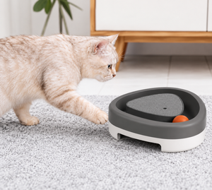 A light cream-colored cat with a striped pattern is shown interacting with a modern, low-profile cat toy on a gray carpeted floor. The toy features a dark gray outer ring, a white base, a gray inner textured platform, and a small orange ball