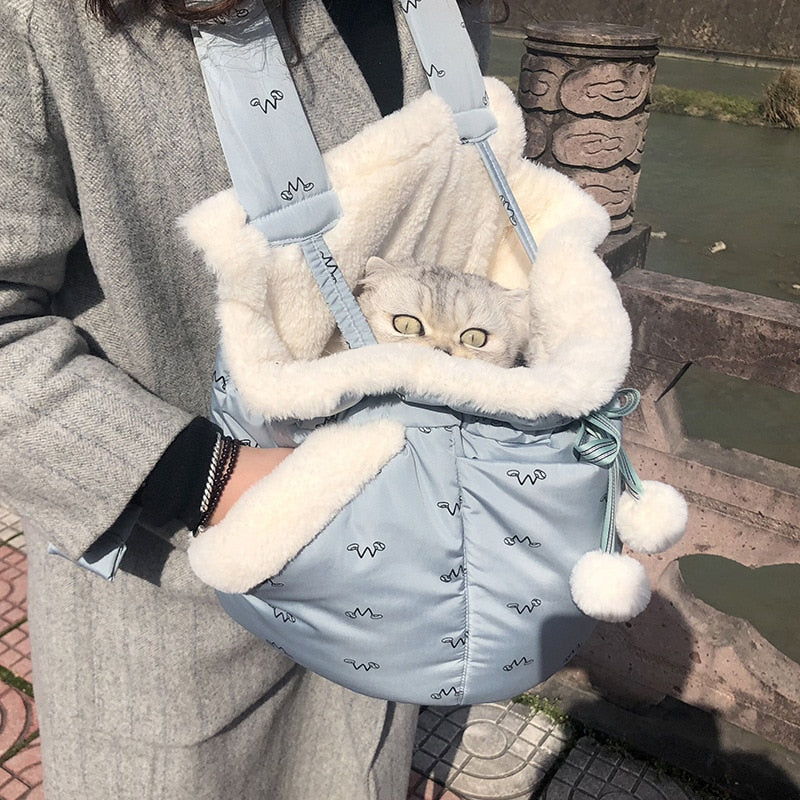 Warm plush winter cat carrier backpack with open front design
